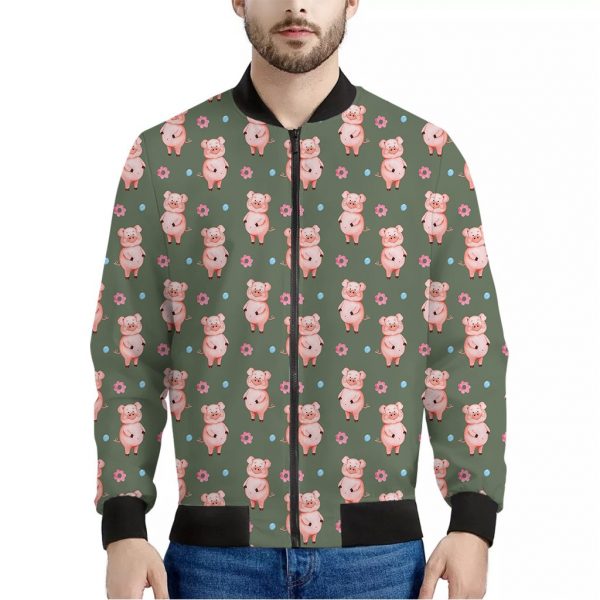 Vintage Pink Pig Pattern Print Bomber Jacket