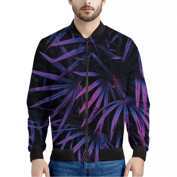 Violet Tropical Leaves Print Bomber Jacket