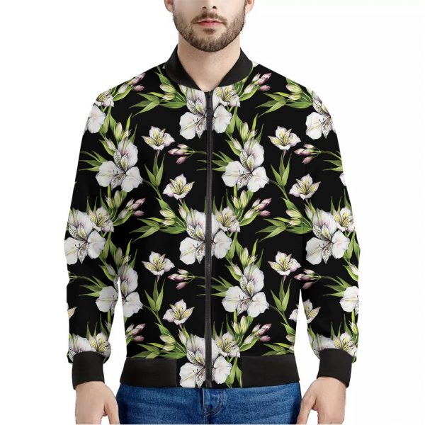 Watercolor Alstroemeria Pattern Print Bomber Jacket