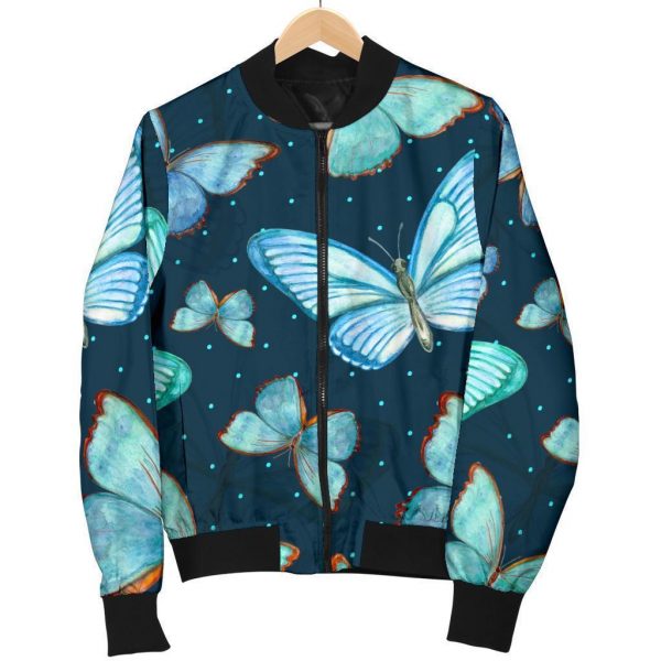 Watercolor Blue Butterfly Pattern Print Bomber Jacket