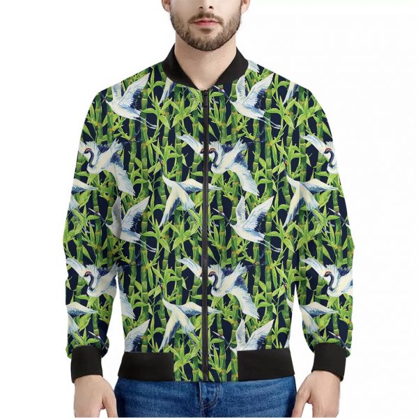 Watercolor Crane Bird Pattern Print Bomber Jacket
