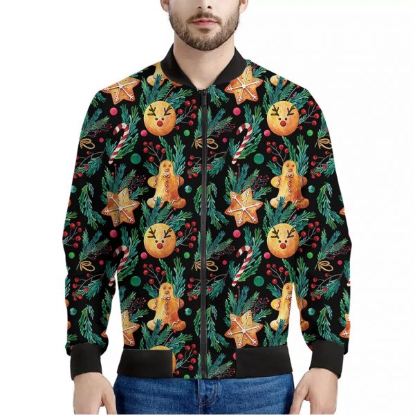 Watercolor Gingerbread Pattern Print Bomber Jacket
