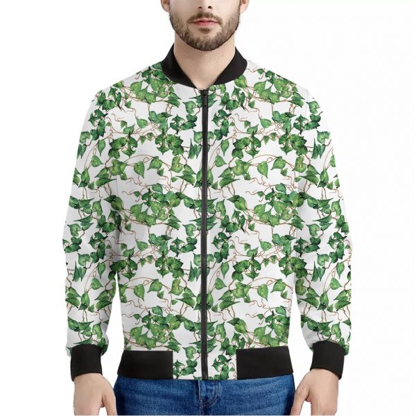 Watercolor Ivy Leaf Pattern Print Bomber Jacket