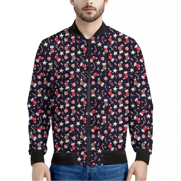 Watercolor Merry Christmas Pattern Print Bomber Jacket