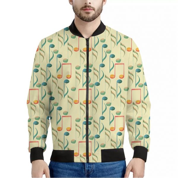 Watercolor Music Notes Pattern Print Bomber Jacket