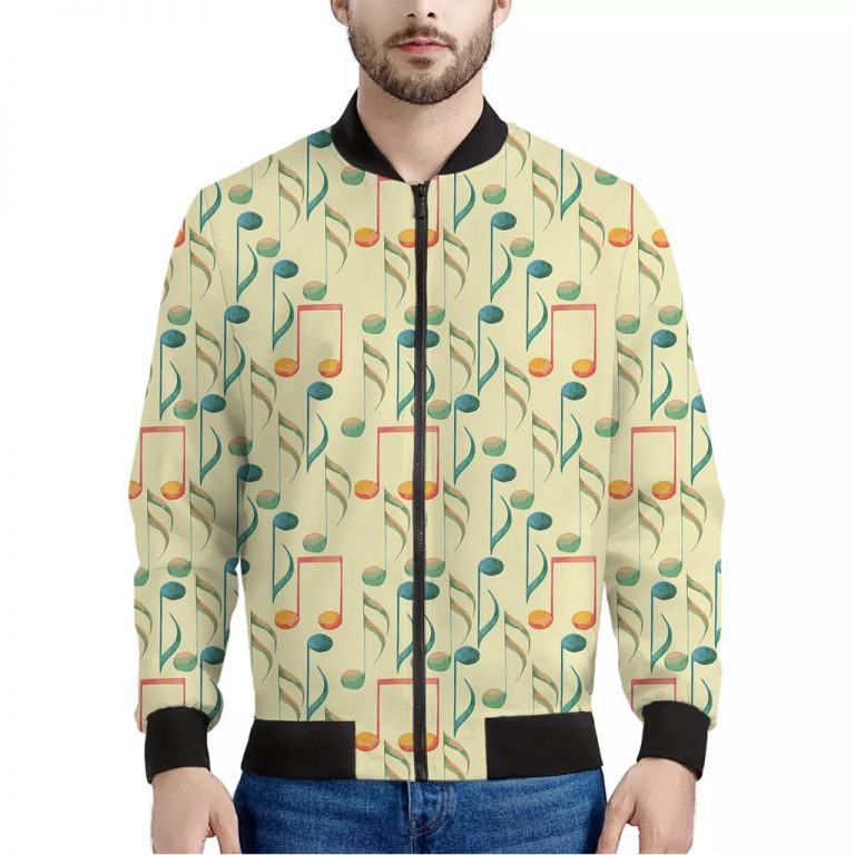 Watercolor Music Notes Pattern Print Bomber Jacket