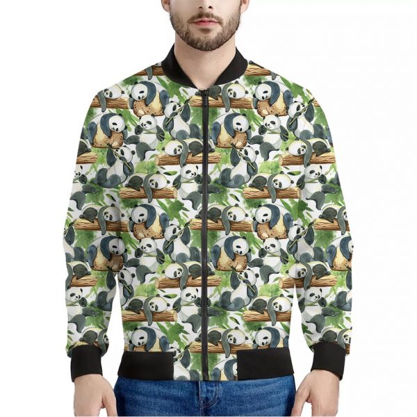 Watercolor Panda Bear Pattern Print Bomber Jacket