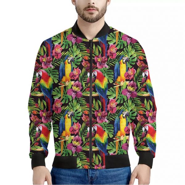 Watercolor Parrot Pattern Print Bomber Jacket