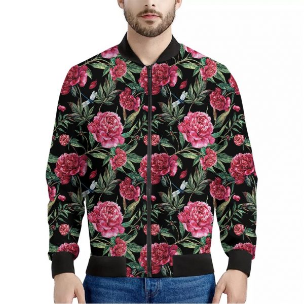 Watercolor Peony Pattern Print Bomber Jacket