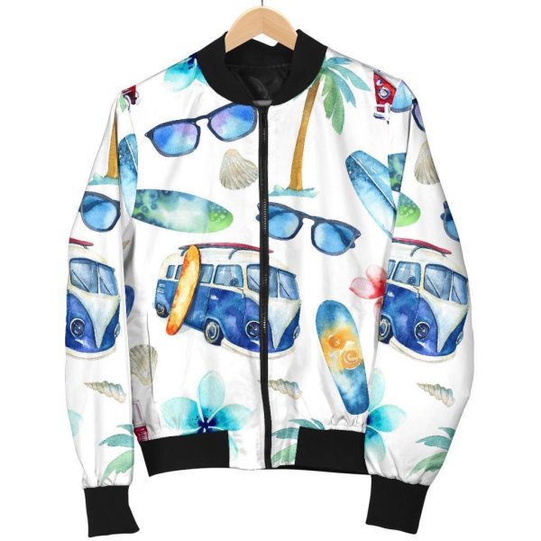Watercolor Surfing Pattern Print Bomber Jacket
