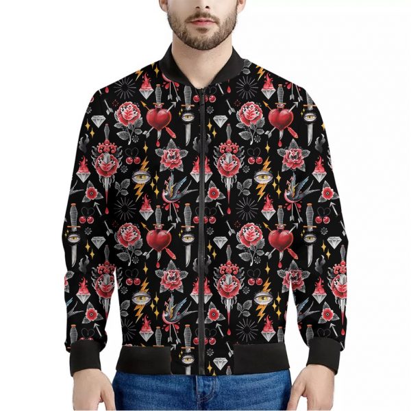 Watercolor Tattoo Print Bomber Jacket