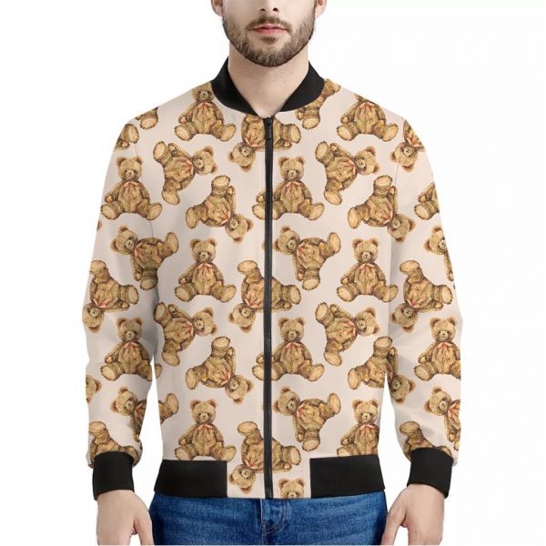 Watercolor Teddy Bear Pattern Print Bomber Jacket