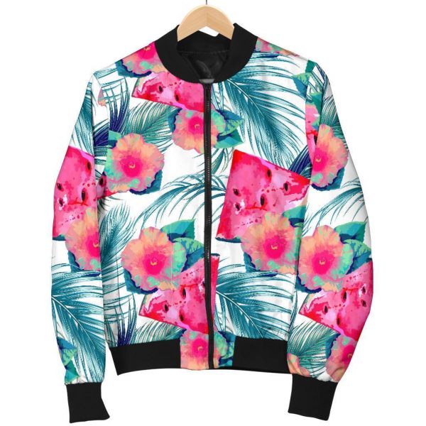 Watermelon Teal Hawaiian Pattern Print Bomber Jacket