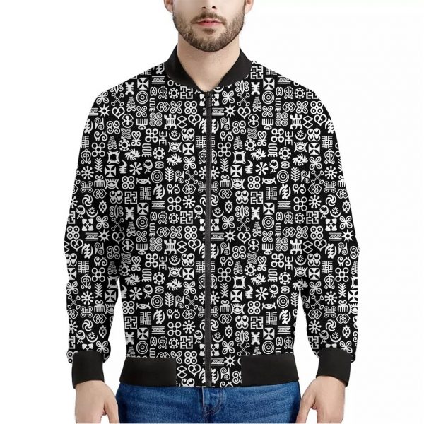White And Black Adinkra Symbols Print Bomber Jacket