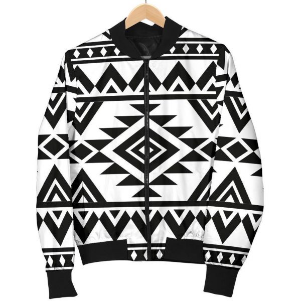 White And Black Aztec Pattern Print Bomber Jacket