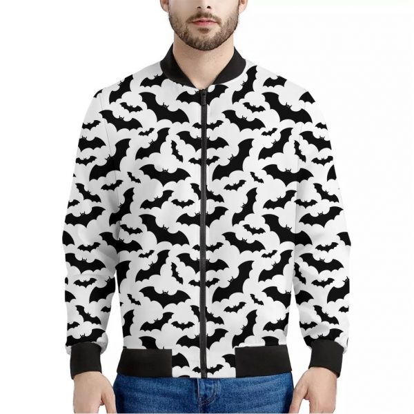 White And Black Halloween Bat Print Bomber Jacket