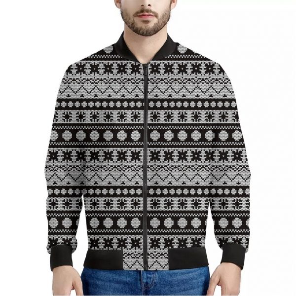 White And Black Knitted Pattern Print Bomber Jacket