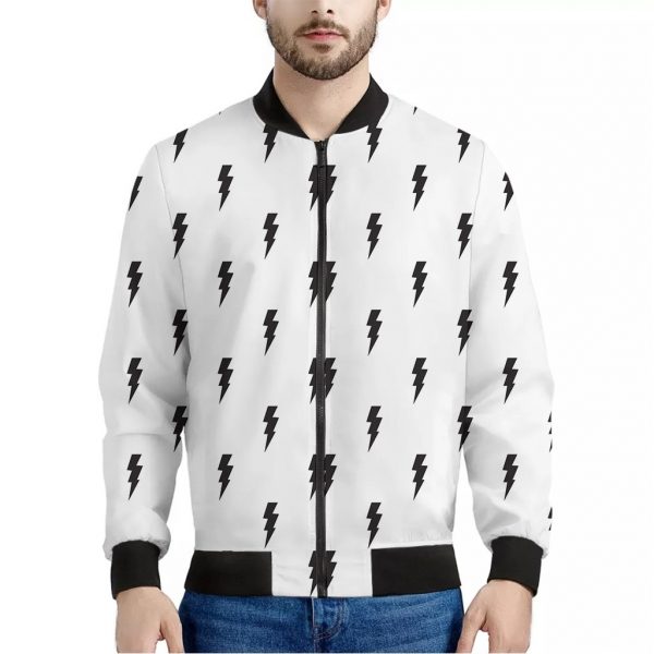 White And Black Lightning Pattern Print Bomber Jacket
