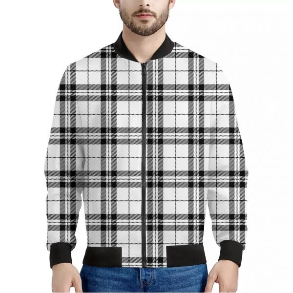 White And Black Tartan Pattern Print Bomber Jacket