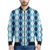 White And Blue Argyle Pattern Print Bomber Jacket