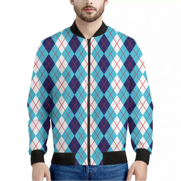 White And Blue Argyle Pattern Print Bomber Jacket