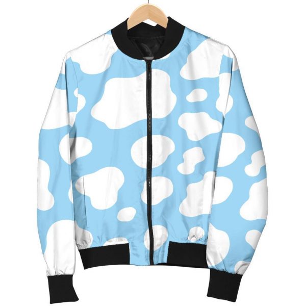 White And Blue Cow Print Bomber Jacket