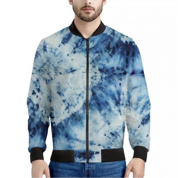 White And Blue Tie Dye Print Bomber Jacket
