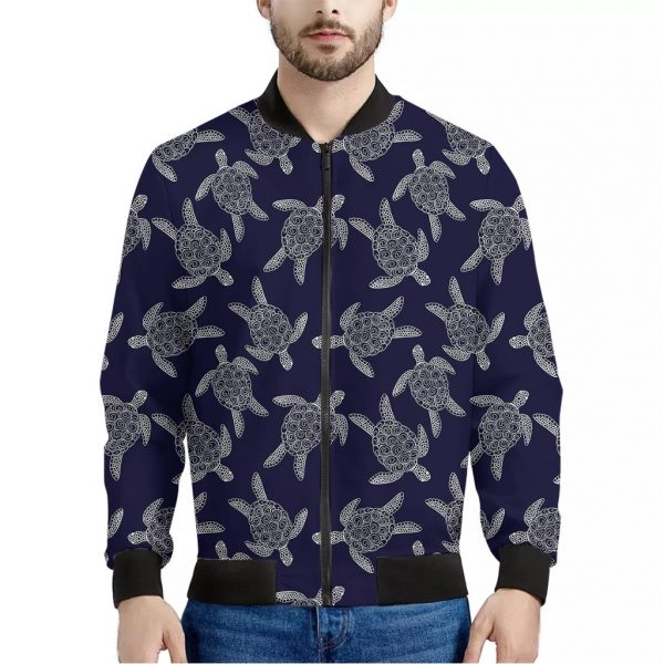 White And Blue Turtle Pattern Print Bomber Jacket
