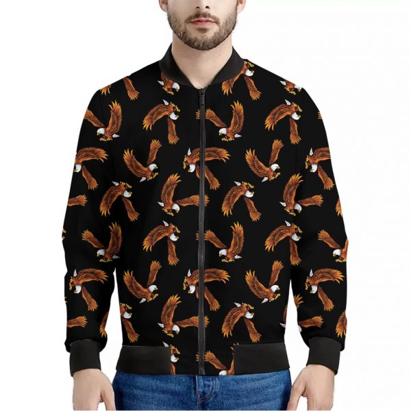 White And Brown Eagle Pattern Print Bomber Jacket