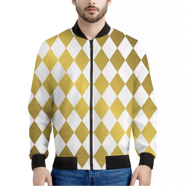 White And Gold Harlequin Pattern Print Bomber Jacket