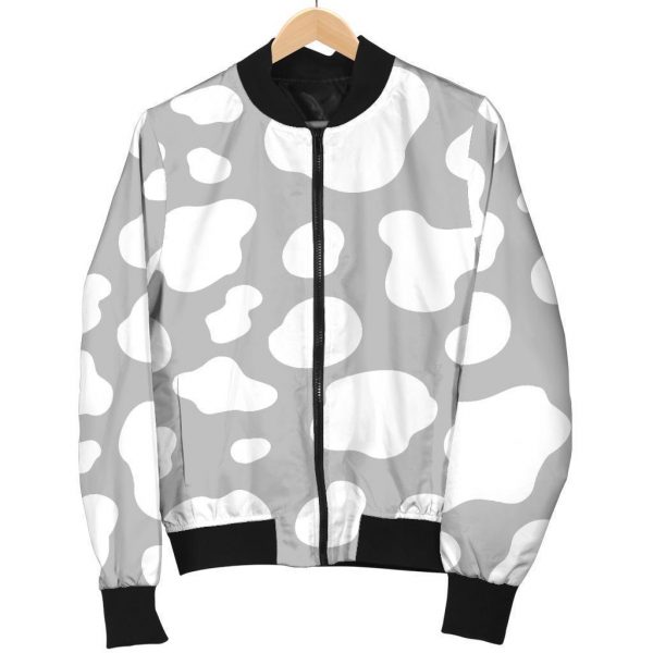 White And Grey Cow Print Bomber Jacket