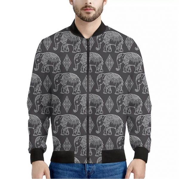 White And Grey Indian Elephant Print Bomber Jacket