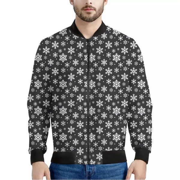 White And Grey Snowflake Pattern Print Bomber Jacket
