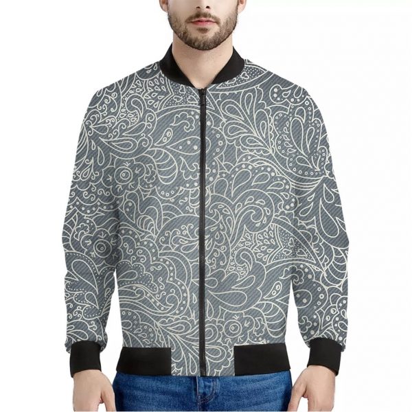 White And Grey Western Floral Print Bomber Jacket