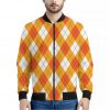 White And Orange Argyle Pattern Print Bomber Jacket