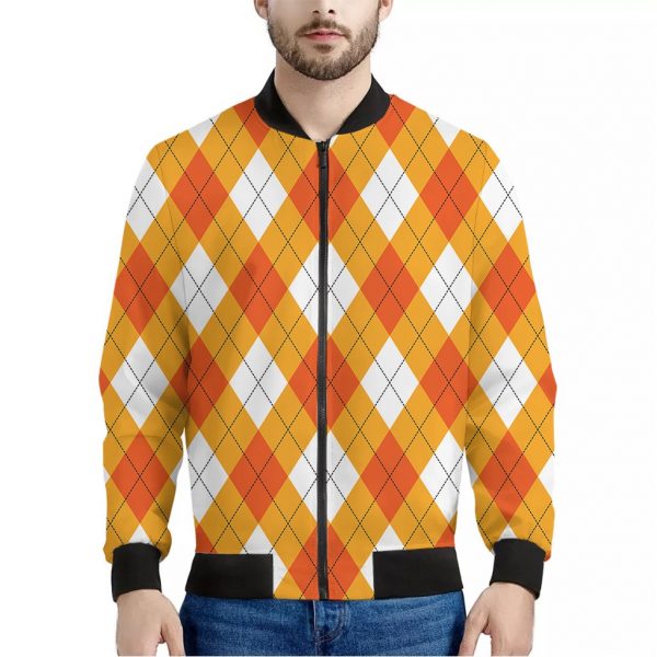 White And Orange Argyle Pattern Print Bomber Jacket
