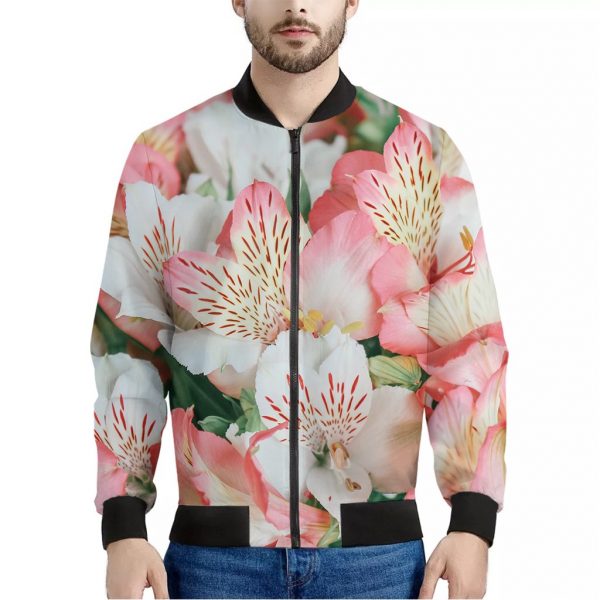 White And Pink Alstroemeria Print Bomber Jacket