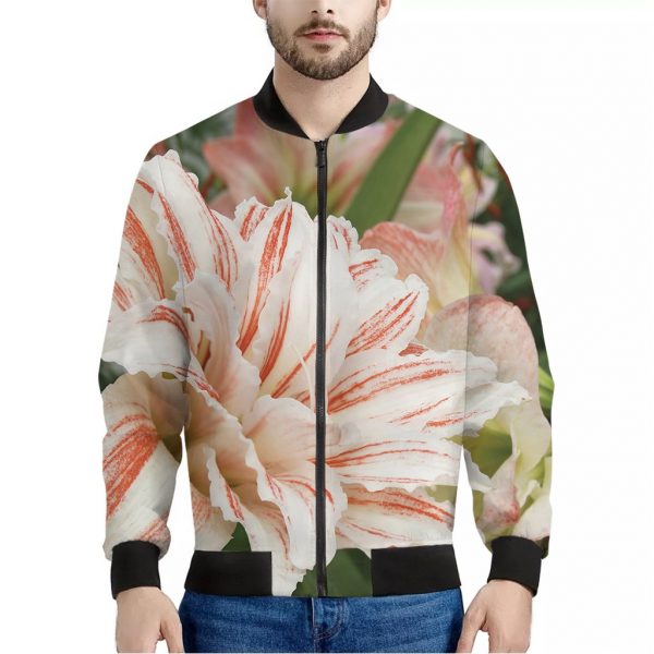 White And Pink Amaryllis Print Bomber Jacket