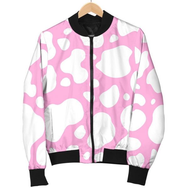 White And Pink Cow Print Bomber Jacket