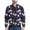 White And Purple Tulip Pattern Print Bomber Jacket