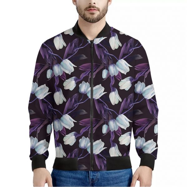 White And Purple Tulip Pattern Print Bomber Jacket