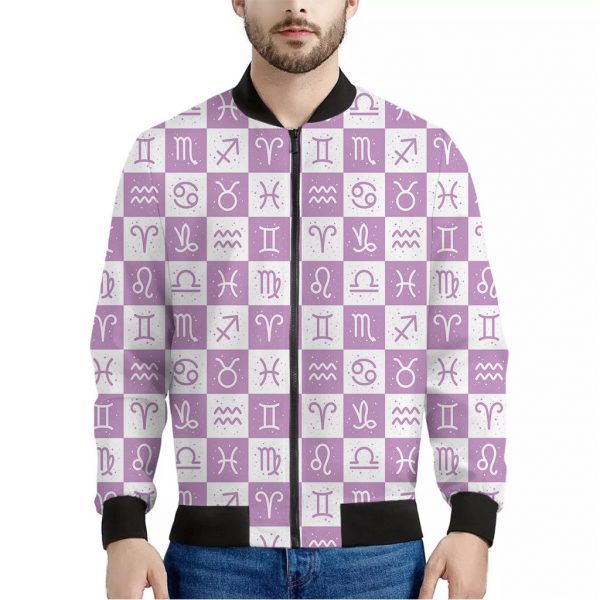 White And Purple Zodiac Signs Print Bomber Jacket