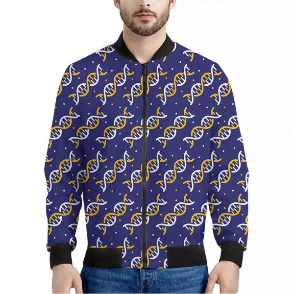 White And Yellow DNA Pattern Print Bomber Jacket