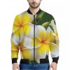 White And Yellow Plumeria Flower Print Bomber Jacket