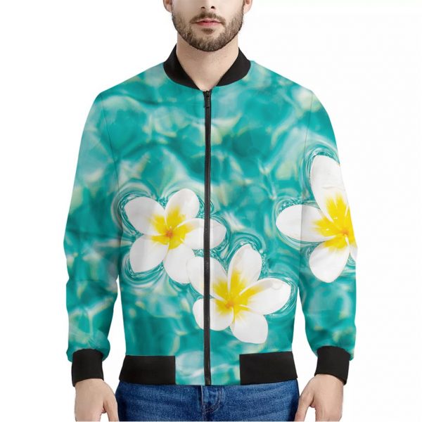 White And Yellow Plumeria In Water Print Bomber Jacket