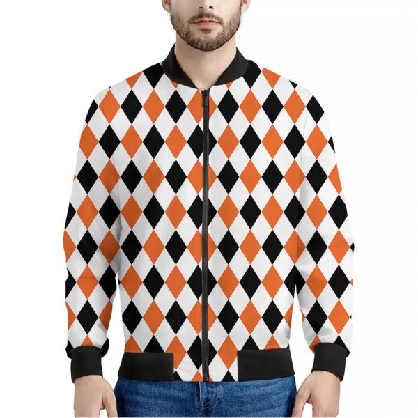White Black And Orange Harlequin Print Bomber Jacket