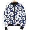 White Blue Hibiscus Floral Pattern Print Bomber Jacket