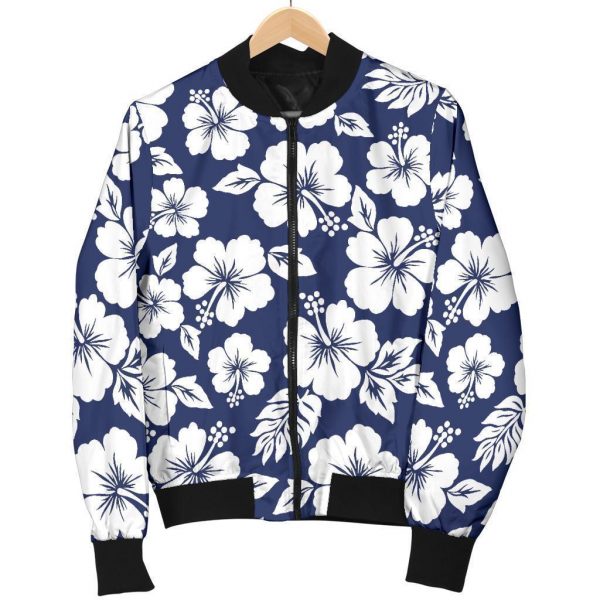 White Blue Hibiscus Floral Pattern Print Bomber Jacket