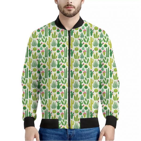 White Cactus Plant Pattern Print Bomber Jacket