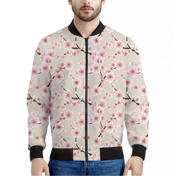 White Cherry Blossom Pattern Print Bomber Jacket